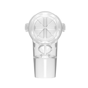 Product image of non-invasive ventilation elbow, which is made of a material that makes it transparent.