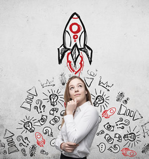 women thinking with idea drawings behind her