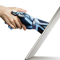 robot hand reachout out of the screen to shake with human hand